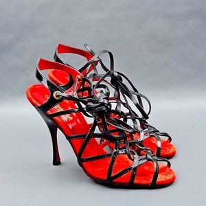 Dolce & Gabbana Size 9 Black Red Patent Leather Caged Strappy Lace Up heels
